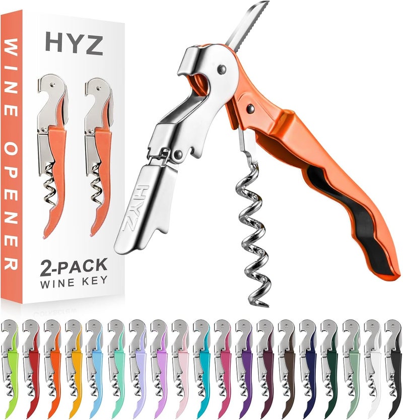 HYZ 2-Pack Wine Opener Waiter Corkscrew, Professional Wine Key for Servers, Bartender with Foil Cutter, Manual Wine Bottle Opener Double Hinged (Orange) - Image 1